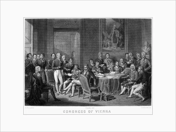 CONGRESS OF VIENNA, 1815. The Congress of Vienna, 1815. Arthur Wellesley, Duke of Wellington stands at far left, Prince Klemens von Metternich stands sixth from left, Robert Castlereagh is seated at center, and Prince Charles Talleyrand is seated second from right. Line engraving by Outhwaite after Jean Baptiste Isabey