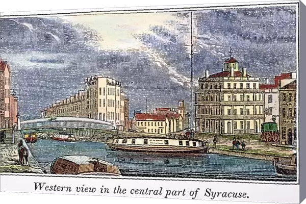 SYRACUSE, NEW YORK, 1841. A branch of the Erie Canal in central Syracuse, New York: wood engraving, American, 1841
