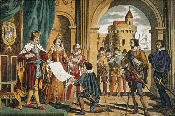 CHRISTOPHER COLUMBUS being given the sailing commission by King Ferdinand and Queen Isabella for his Enterprise of the Indies in Sante Fe, Spain, on April 30, 1492: colored engraving, 19th century