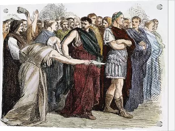 SHAKESPEARE: JULIUS CAESAR. The soothsayer warns Caesar to beware the Ides of March. Wood engraving, 19th century, after Sir John Gilbert for William Shakespeares Julius Caesar (Act III, scene 1)