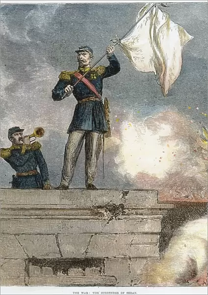 FRANCO-PRUSSIAN WAR, 1870. French General Lauriston waves the flag of truce from the gate of the fortified town of Sedan, 1 September 1870, during the Franco-Prussian War: wood engraving from a contemporary English newspaper