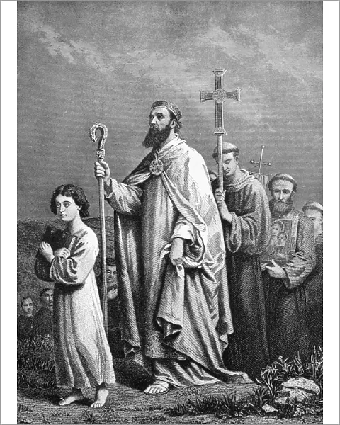 SAINT PATRICK (c389-461). Patron saint of Ireland. Traveling to Tara. Line engraving, 19th century