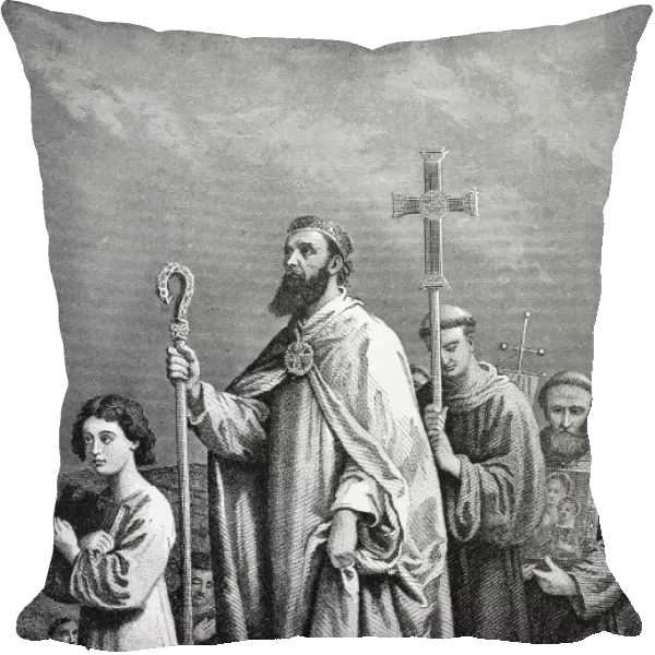 SAINT PATRICK (c389-461). Patron saint of Ireland. Traveling to Tara. Line engraving, 19th century