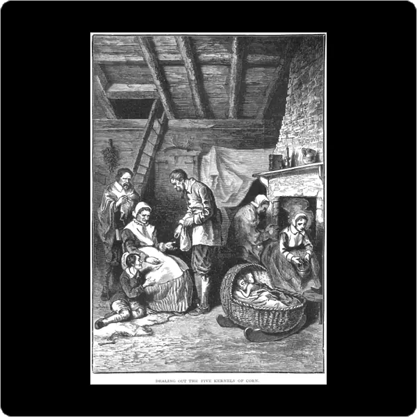 PILGRIMS STARVING, 1623. Dealing out the daily five kernels per person during the starving time in the Plymouth Colony of Massachusetts, Spring 1623. Wood engraving, American, 19th century