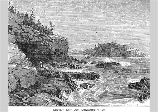 MAINE: MOUNT DESERT ISLAND. View of Devils Den and Schooner Head at Mount Desert Island, Maine. Wood engraving, American, 1875