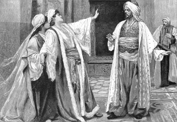 SULEIMAN THE MAGNIFICENT (1496?-1566). Sultan of the Ottoman Empire, 1520-1566. Suleimans consort Khurrem (center) demanding that he put to death his Grand Vizier Ilderim (far right). Line engraving, American, 1901
