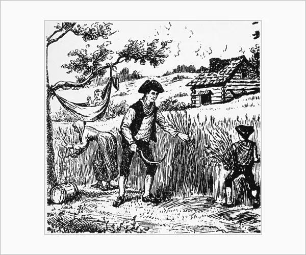 COLONIAL FARMING. A farmer and his family harvesting in 18th century colonial America. Wood engraving, 19th century