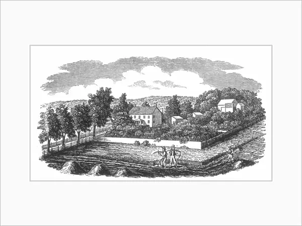 NEW JERSEY FARM, c1810. American farm homestead in Cranbury, New Jersey: wood engraving by Alexander Anderson, c1810