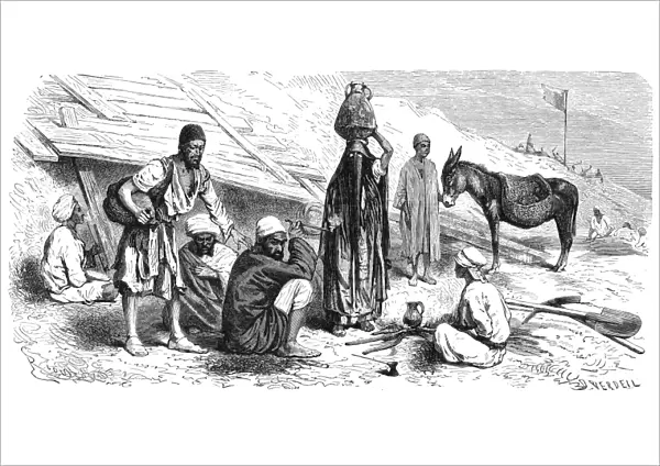 SUEZ CANAL CONSTRUCTION. Egyptian laborers outside their huts during the construction of the Suez Canal, 1869. Contemporary French wood engraving, after a drawing by ├ëdouard Riou