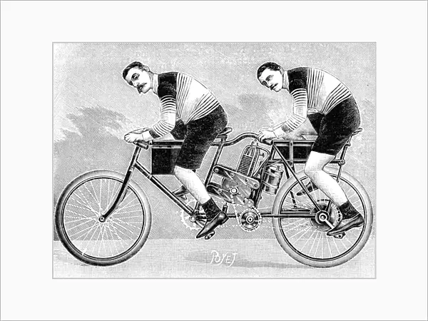 TANDEM MOTORCYCLE, 1899. A team of motorcycle racers on a tandem motorcycle. Wood engraving, French, 1899