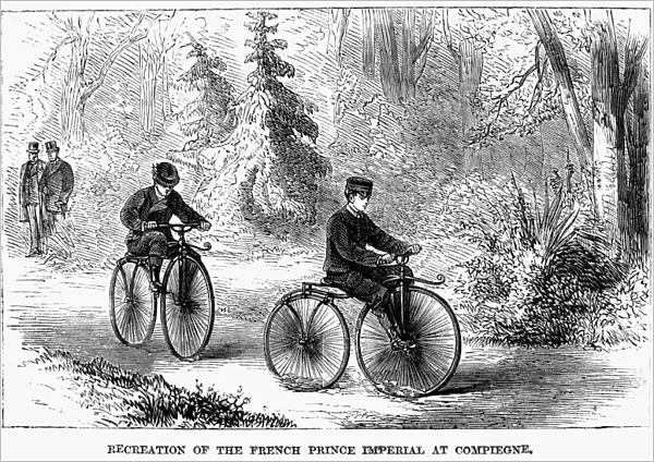 BICYCLES: FRANCE, 1868. Prince Napoleon of France (1856-1879) peddling a velocipede through the forest at Compiegne in 1868. Contemporary wood engraving