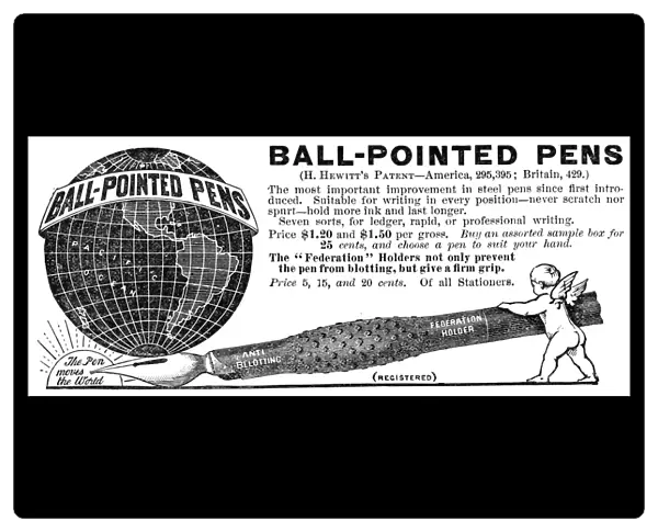 ADVERTISEMENT: PENS, 1887. American newspaper advertisement for ball-pointed pens. Engraving, 1887