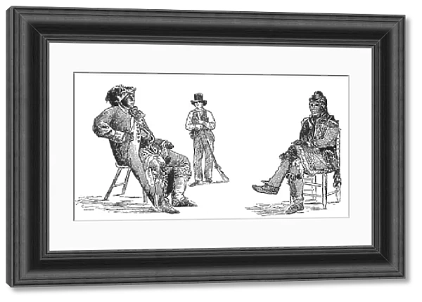 CREEK CHIEFS & SQUATTER. Two chiefs of the Creek nation and a Georgia squatter. Illustration from Basil Halls Forty Etchings from Sketches Made with the Camera Lucida in North America, Edinburgh, Scotland, 1829