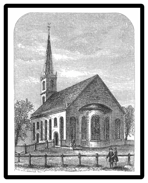 NEW YORK CITY CHURCH, 1737. Trinity Church, established at Broadway and Wall Street in 1697, as it appeared in 1737: wood engraving, 1877