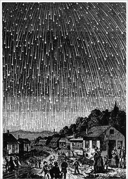 METEOR SHOWER, 1833. People observing a meteor storm above a village in 1833. Wood engraving by Adolf Vollmy, c1888