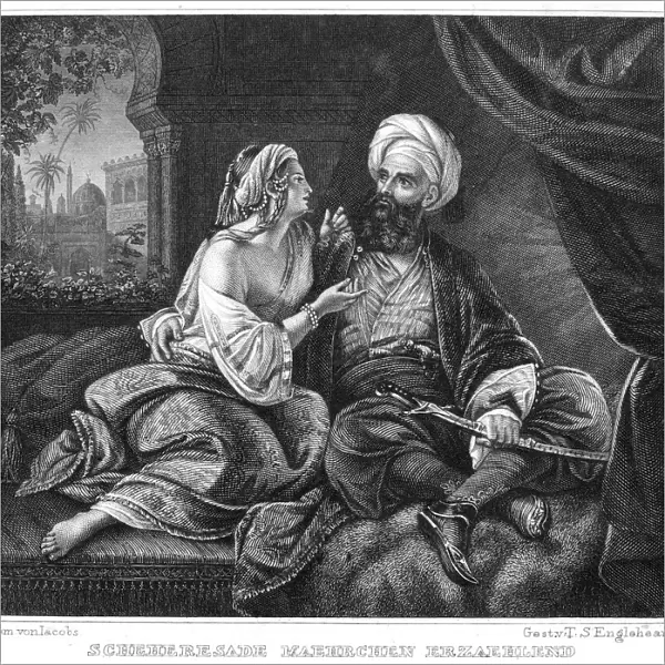 ARABIAN NIGHTS. Scheherazade amusing the Sultan Schahriah and prolonging her life with the tales for a thousand and one nights. Steel engraving, German, 19th century