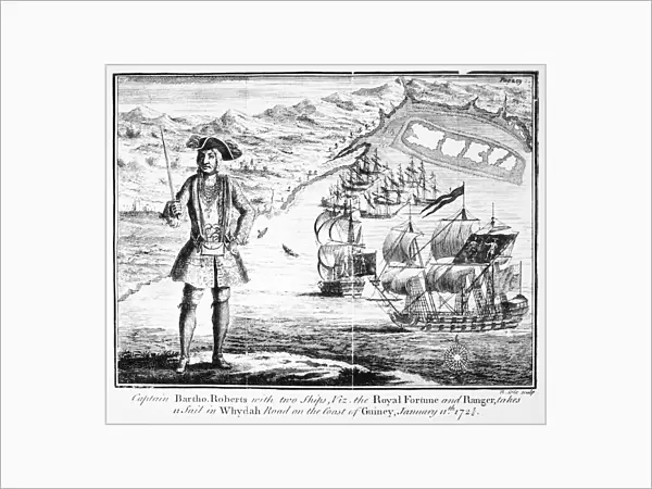 PIRATE, 1724. Captain Bartholomew Roberts with two ships, the Royal Fortune and Ranger, takes 11 sail in Whydah Road on the Coast of Guiney, 11 January 1721-1722. Line engraving, English, 1724