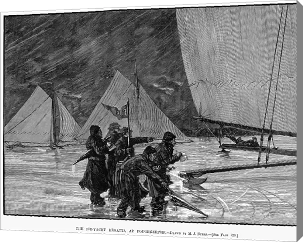 ICE YACHTING, 1884. Ice yacht regatta at Poughkeepsie, New York. Wood engraving, American, 1884, after a drawing by Milton J. Burns
