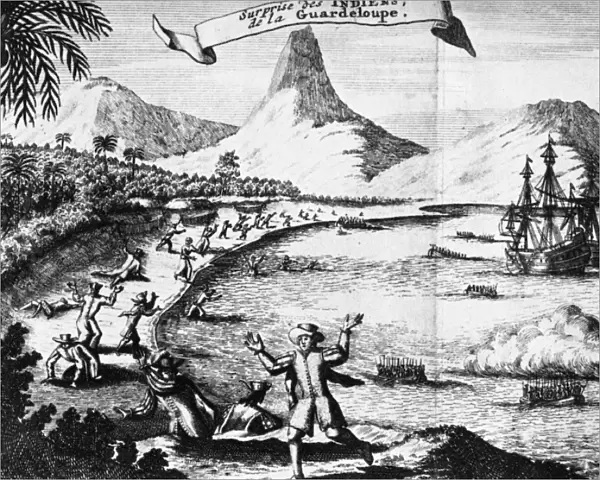 GUADELOUPE, 17th CENTURY. A shore party from the Spanish fleet ambushed by Carib Indians on the island of Guadeloupe. Line engraving from a late 17th century Dutch edition of Thomas Gages Travels in the New World