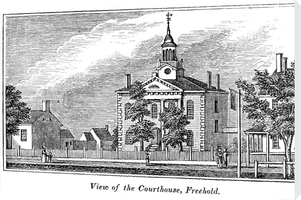 AMERICAN COURTHOUSE, 1844. View of the courthouse at Freehold, New Jersey. Wood engraving, American, 1844