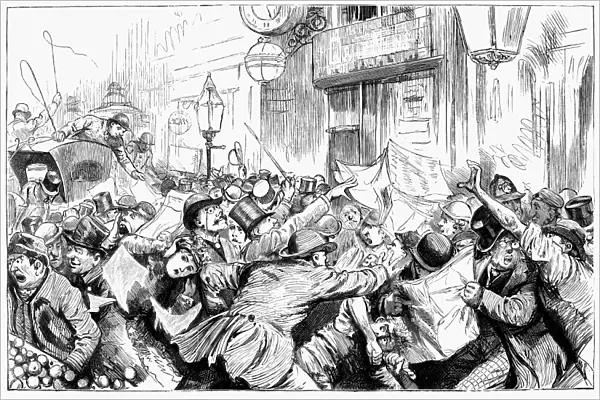 ENGLAND: ELECTION NEWS. Fleet-Street in Election Time; the Rush for Newspapers. Line engraving from an English newspaper of 1885