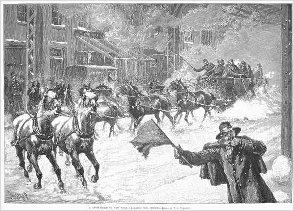 NEW YORK: SNOWSTORM, 1887. A snow storm in New York - Clearing the streets. Line engraving after Thure de Thulstrup, 1890