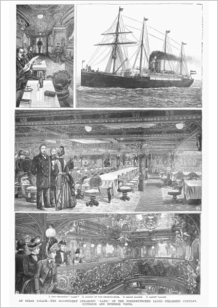 PASSENGER STEAMSHIP, 1888. First class facilities onboard the Norddeutscher Lloyd Steamship Companys Lahn. Wood engravings from an American newspaper of 1888