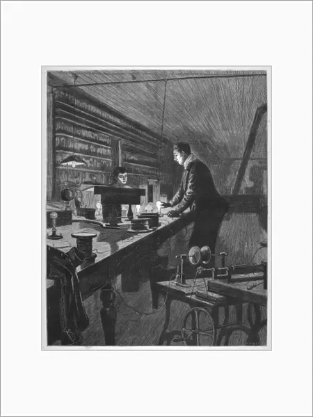 THOMAS ALVA EDISON (1847-1931). American inventor. Edison in his laboratory. Line engraving, English, 1880