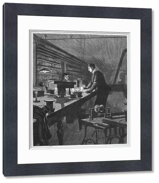 THOMAS ALVA EDISON (1847-1931). American inventor. Edison in his laboratory. Line engraving, English, 1880