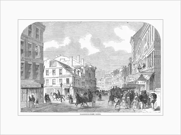 BOSTON, 1858. Scene from Washington Street in Boston, Massachusetts. Wood engraving, English, 1858