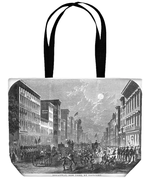 NEW YORK: GASLIGHT, 1856. Broadway, New York, by Gaslight. Wood engraving, American, 1856