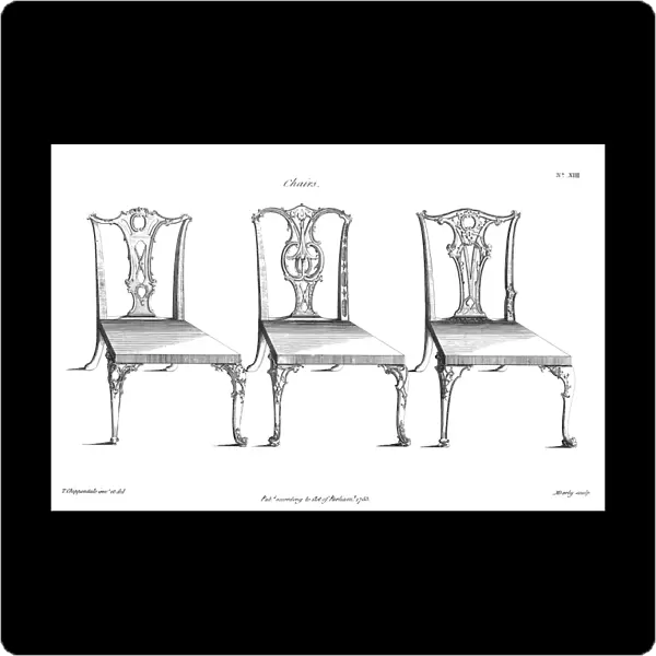 CHIPPENDALE CHAIRS, 1762. Design for pierced and carved back chairs. Copper engraving from Thomas Chippendales The Gentleman & Cabinet-Makers Director, London, England, 1762