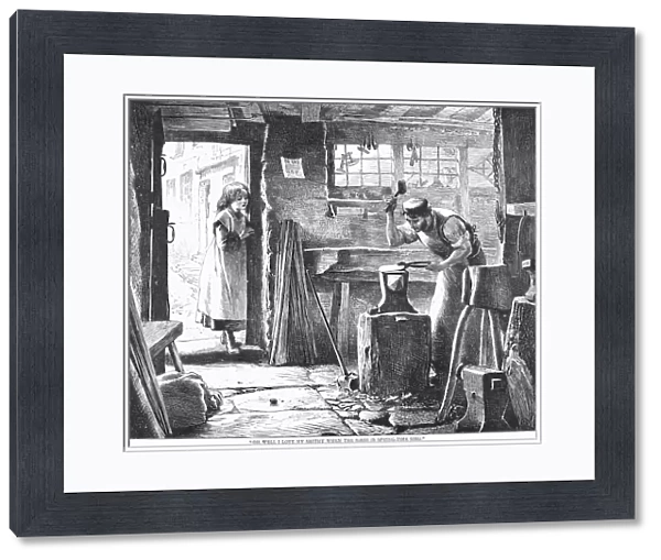 BLACKSMITH, 19th CENTURY. Oh, well I love my smithy when the birds in springtime sing. Wood engraving, American, 1878