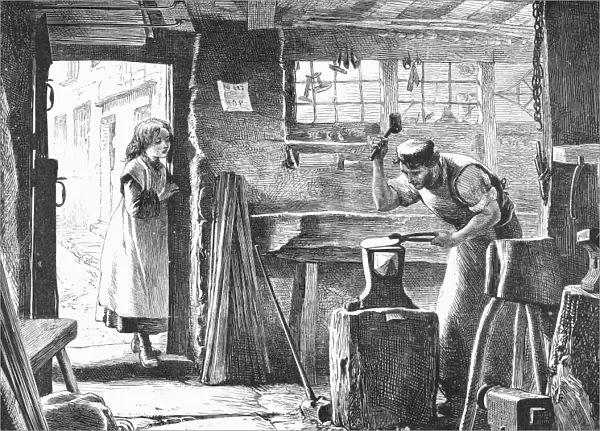 BLACKSMITH, 19th CENTURY. Oh, well I love my smithy when the birds in springtime sing. Wood engraving, American, 1878