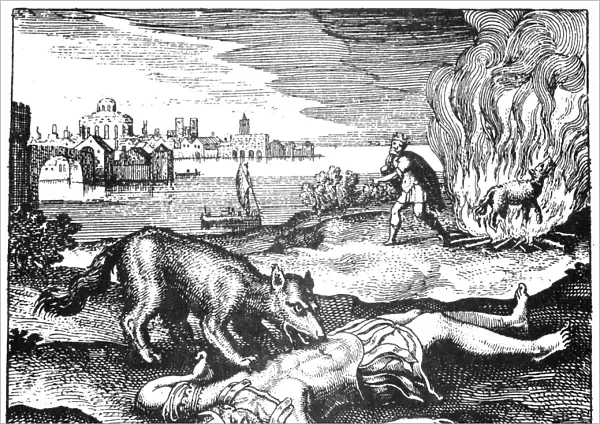 ALCHEMY ALLEGORY, 1617. The gray wolf devours the king, after which it is burned on the pyre, consuming the wolf and restoring the king to life. Allegorical drawing of the alchemical purification of gold. Woodcut from the Atalanta Fugiens by Michael Maier, 1617