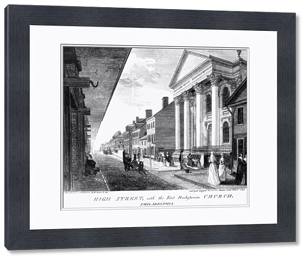 PHILADELPHIA, 1799. High Street with the First Presbyterian Church. Line engraving, 1799, by William Birch & Son