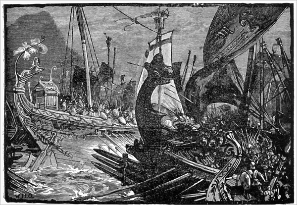 BATTLE OF SALAMIS, 480 B. C. The sea battle between the Persian army led by King Xerxes I and the Greek army led by Themistocles at Salamis, 480 B. C. 19th century engraving