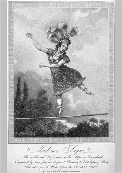 ACROBATS: MADAME SAQUI. The celebrated performer on the tightrope at Vauxhaull, England. Stipple engraving, 1820, after a painting by Hutchinson of Bath