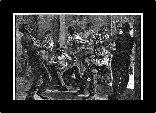 BLACK MUSICIANS, 1879. Theres music in the air. A group of black musicians performing in the street in Atlanta, Georgia. Wood engraving, American, 1879, after Arthur Burdett Frost