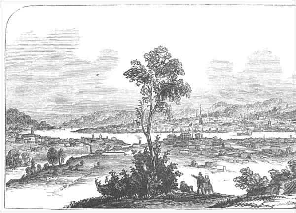 CINCINNATI, 1853. View of Cincinnati, Ohio, from the hill back of Newport Barracks. Wood engraving, American, 1853