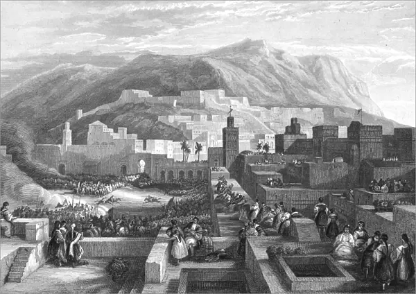 MOROCCO: TETOUAN. View of the city of Tetouan, Morocco, with the Rif Mountains in the background. Steel engraving, German, mid-19th century