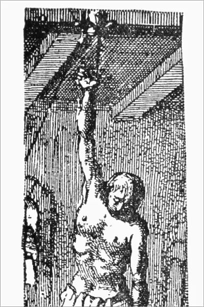 SPANISH INQUISITION. Geleyn Cornelius, hung by his thumb with weights in 1572 during the Spanish Inquisition. 19th century wood engraving after an undated print