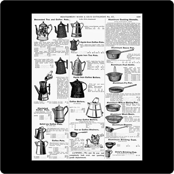 KITCHENWARE, 1895. Page from a Montgomery Ward catalogue of 1895, promoting aluminum as the coming metal, soon to replace tin
