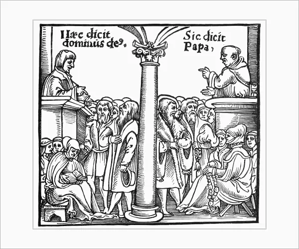 PROTESTANT VERSUS CATHOLIC. A Protestant cleric, left, preaching Gods word, and a Catholic priest preaching what the Pope dictates. Wood engraving after a German pamphlet by Hans Sachs, c1520s