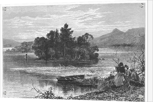 SCOTLAND: LOCH KATRINE. View of the Silver Strand and Ellens Isle on Loch Katrine in the Scottish Highlands. Wood engraving, c1875, by Edward Whymper after Townley Green