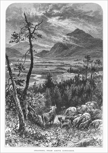SCOTLAND: SPEY VALLEY. View of the valley of the river Spey in the Scottish Highlands, near Kingussie. Wood engraving, c1875, by Edward Whymper after William Henry James Boot