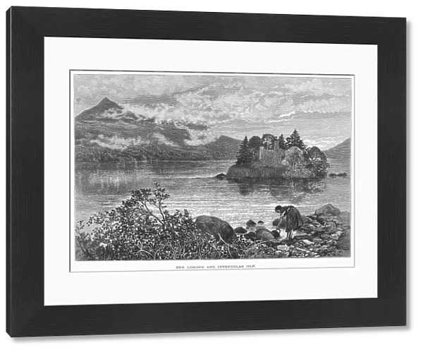 SCOTLAND: LOCH LOMOND. View of Inveruglas Isle on Loch Lomond in the Scottish Highlands, with Ben Lomond on the opposite shore. Wood engraving, c1875, by Edward Whymper