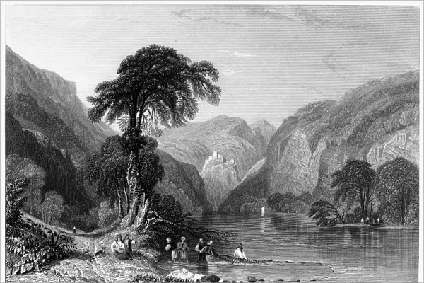 GREECE: VALE OF TEMPE. View of the Vale of Tempe, a gorge in Thessaly in northern Greece where the Pineios River flows between Mount Olympus and Mount Ossa. Steel engraving, English, 1833, by James Willmore after William Purser