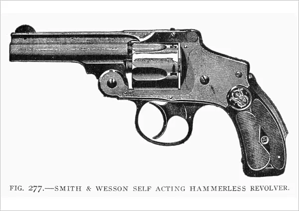 SMITH & WESSON REVOLVER. Smith & Wessons hammerless safety revolver. Line engraving, 19th century