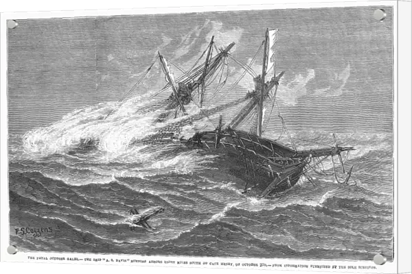 SHIPWRECK, 1878. The sailing ship A. S. Davis running ashore eight miles south of Cape Henry, Virginia, 23 October 1878. Wood engraving from a contemporary American newspaper